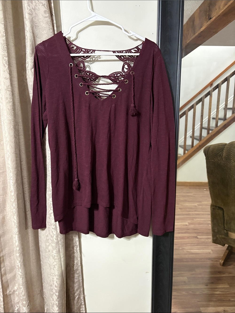 Taylor & Sage Lace-Up Long Sleeve Top - Burgundy